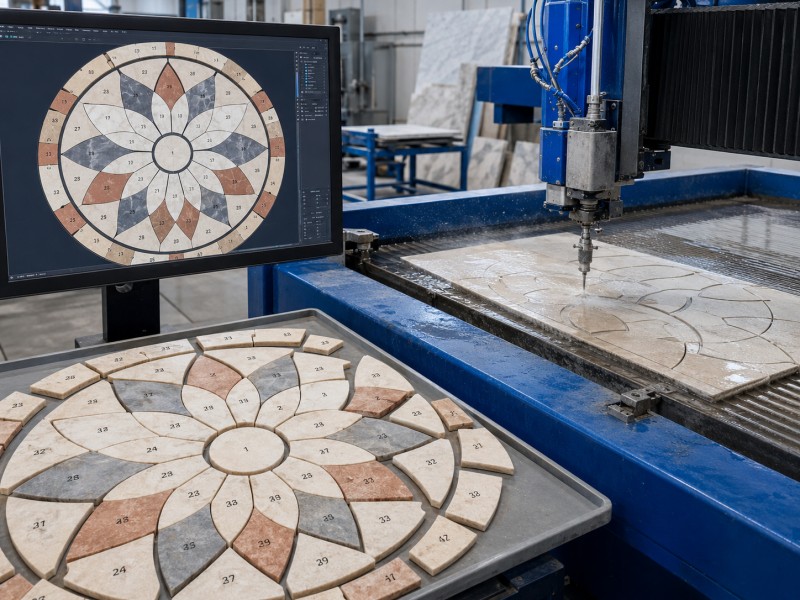 Waterjet CNC iekārta griež akmens mozaīkas elementus